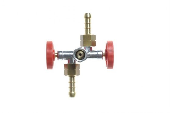 Gimeg tweeweg aftakkraan gas 2x 1/4 inch messing